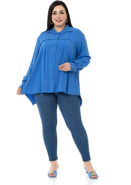 Büyük Beden Göğüs Detaylı Kol Ağzı ve Sırtı Pileli Indigo Gömlek fiyatları