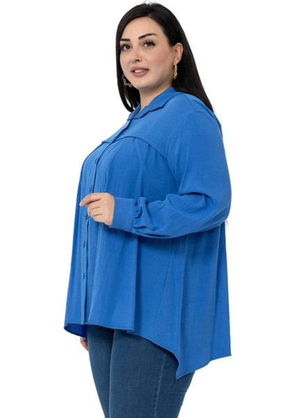Büyük Beden Göğüs Detaylı Kol Ağzı ve Sırtı Pileli Indigo Gömlek fırsatları