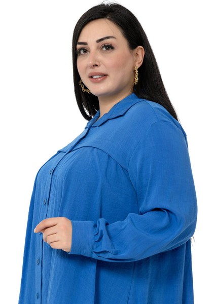 Büyük Beden Göğüs Detaylı Kol Ağzı ve Sırtı Pileli Indigo Gömlek indirimleri