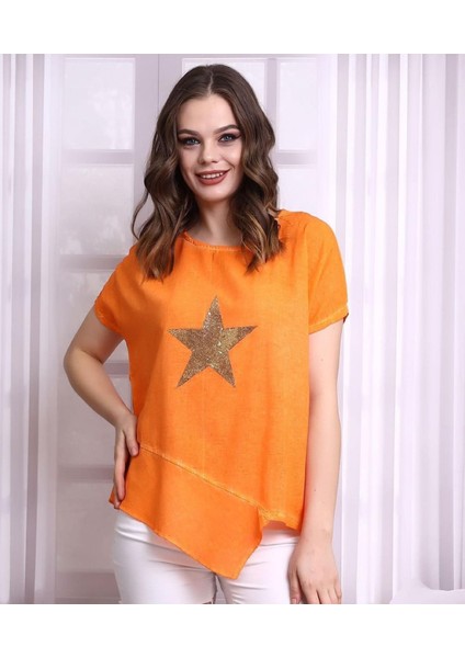 Turuncu Cotton Ön Yıldız Detaylı Salaş Asimetrik Bluz