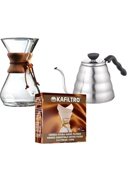 Kahve Demleme Seti (Coffee Chemex 800 Ml, Kettle 1200 Ml Ve Kafiltro 100 Adet)