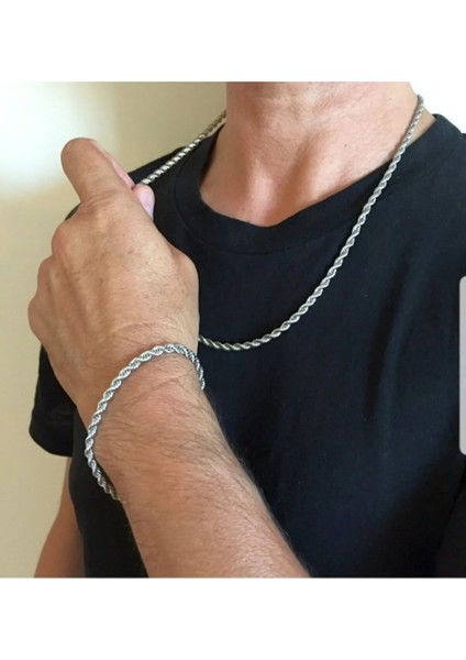 Unisex Kalın Burgu Çelik Kolye ve Bileklik Set 3mm