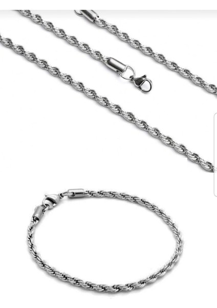 Unisex Kalın Burgu Çelik Kolye ve Bileklik Set 3mm