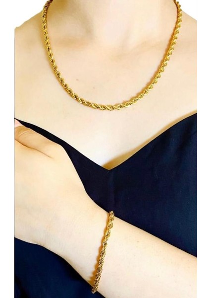 Unisex Kalın Burgu Çelik Kolye ve Bileklik Set 3mm