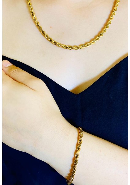 Unisex Kalın Burgu Çelik Kolye ve Bileklik Set 3mm