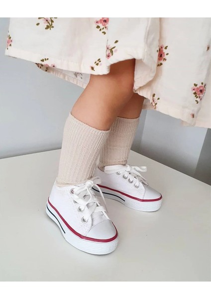 Unisex Günlük Keten Rahat Beyaz Bebek&çocuk Sneaker Bağcıklı Kısa Convers Modeli Spor Ayakkabı