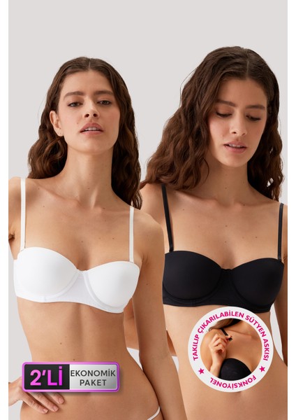 2'li Ekonomik Paket Siyah-Beyaz 6802 Versay Desteksiz Straplez T-Shirt Micro Sütyen Set Askı Hediye