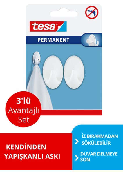 Permanent Askı Plastik Küçük Oval Beyaz 2 Adet x 3 Paket (Toplam 6 Askı)