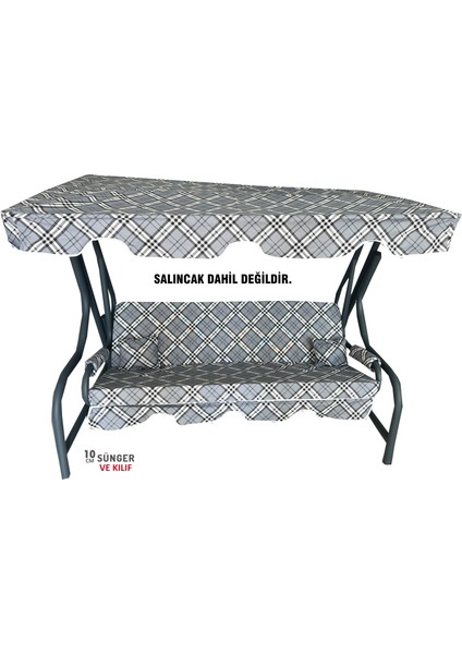 3 Kişilik Salıncak Minderi Süngerli Kılıfı Gri Ekose Bahçe Minderi