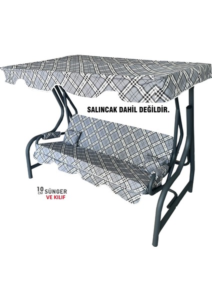 3 Kişilik Salıncak Minderi Süngerli Kılıfı Gri Ekose Bahçe Minderi fiyatları