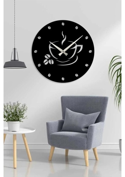 Kahve ve Fincan Tasarımlı Dekoratif Ahşap Mutfak Duvar Saati 40 cm