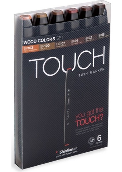Touch Twin Marker Pen : Çift Uçlu Marker Kalemi : 6lı Set Ahşap Renkleri