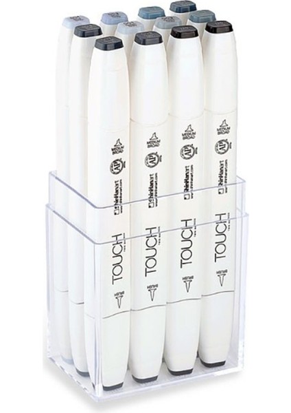 Touch Twın Brush Pen : Çift Taraflı Marker Seti : 12'li Mavi/yeşil Gri Tonları