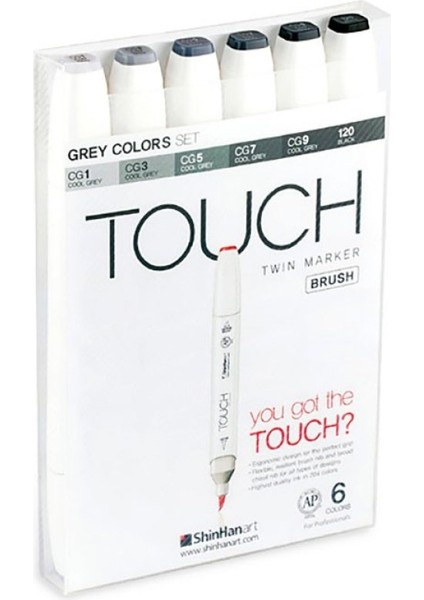 Touch Twın Brush Pen : Çift Taraflı Marker Seti : 6'lı Gri Tonları