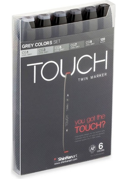 Touch Twin Marker Pen : Çift Uçlu Marker Kalemi : 6lı Set Gri Tonları