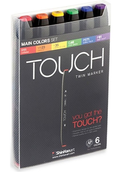 Touch Twin Marker Pen : Çift Uçlu Marker Kalemi : 6lı Set Ana Renkler