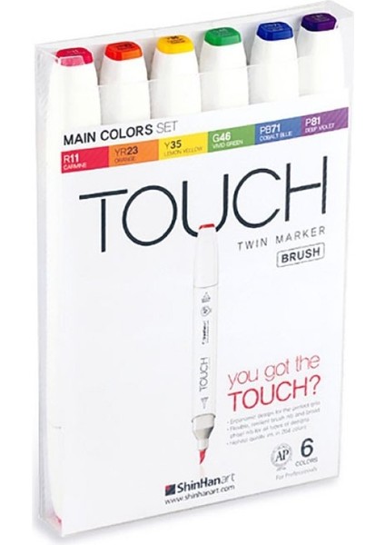 Touch Twın Brush Pen : Çift Taraflı Marker Seti : 6'lı Ana Renkler