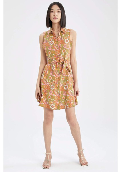 Gömlek Yaka Desenli Kolsuz Mini Elbise X1651AZ22SM