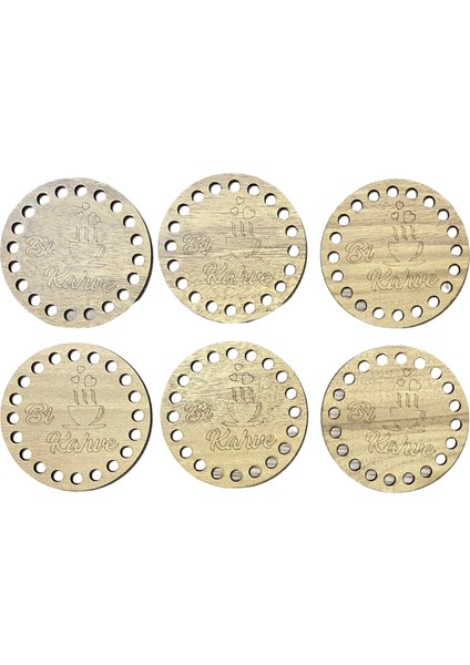 Ahşap Bardak Altlığı Açık Meşe Bi Kahve Yazılı (6 Adet)