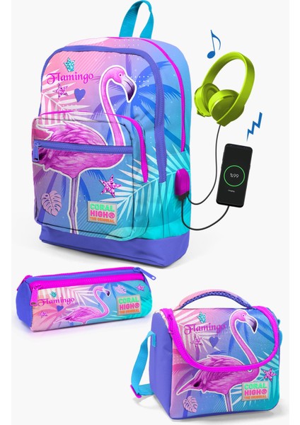 Kids Lavanta Pembe Flamingo Desenli Usb'li 3’lü Okul Çanta Seti SET0123805