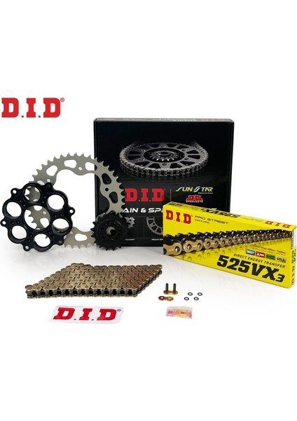 Zincir Dişli Seti Ducatı Hyperstrada (821 Cc) (2013-2015) / Zincir : DID-525VX3 (GOLD)-108 / Dişli: Sunstar (15T) - Jt (45T) / Ducatı / Hyperstrada / 821CC / 2013-2014-2015