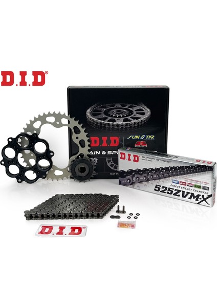 Zincir Dişli Seti Ducatı Hypermotard Evo (1100 Cc) (2010-2012) / Zincir : DID-525ZVM-X (ÇELIK)-104 / Dişli: Jt (15T) - Sunstar (41T) / Ducatı / Hypermotard Evo / 1100CC / 2010-2011-2012