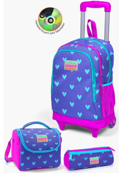 Kids Lavanta Pembe Kalp Desenli Çekçekli 3’lü Okul Çanta Seti SET0123906
