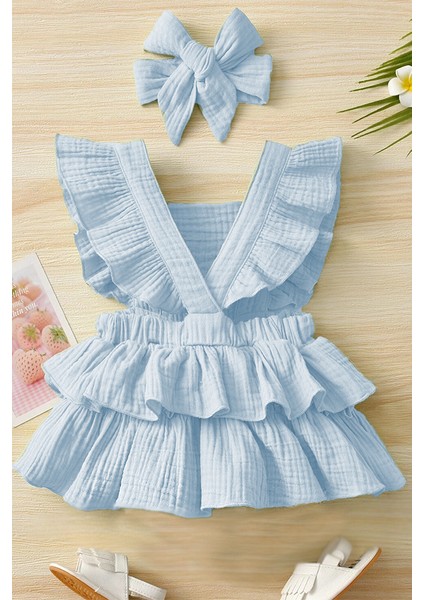 Kız Bebek ve Çocuk Müslin Fırfırlı Bandanalı Kısa Kollu Elbise