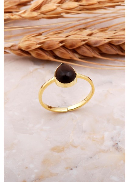 Smoky Taşlı Damla Altın Yaldızlı Gümüş Yüzük 3665