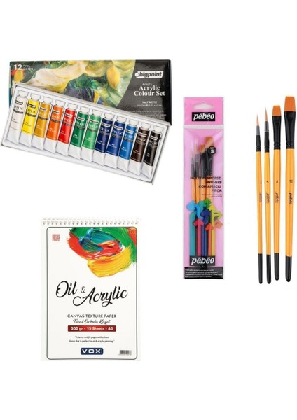 Akrilik Boya Seti 12ML Tüp x 12 Renk + Vox 300GR A5 Defter + Pebeo 4'lü Fırça Seti
