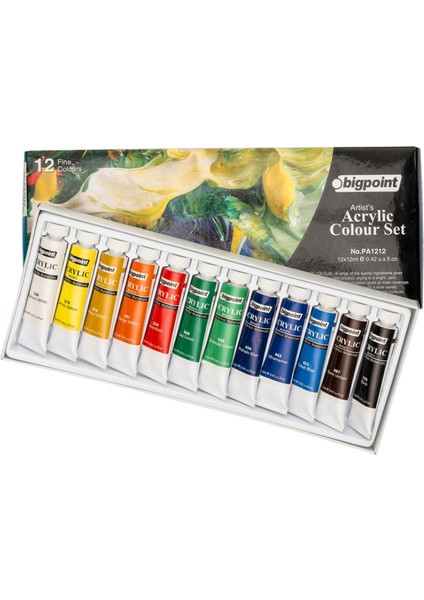 Akrilik Boya Seti 12ML Tüp x 12 Renk + Vox 300GR A5 Defter + Pebeo 4'lü Fırça Seti
