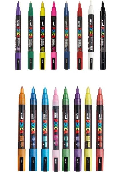 Posca Marker Kalemi Pc-3m (0.9-1.3mm) Simli Renkler ve Ana Renkler 16'lı Set