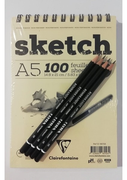 Clairefontaine A5 Skecth Defter 100 Yp Rembrant 4'lü Çizim Kalemi