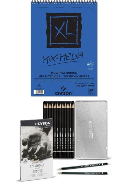Xl Mix Media Sanatsal Blok A4 ve Lyra Rembrandt Art Design Profesyonel Dereceli Kalem Seti 12`li Met