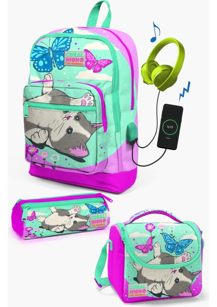 Kids Su Yeşili Pembe Kedi Desenli Usb'li 3’lü Okul Çanta Seti SET0123807