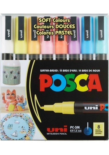 Uni Posca Pc-3m 0.9-1.3 mm Su Bazlı Boyama Markörü Seti Soft Renkler 8 Renk