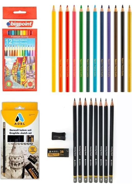 Grafiti Dereceli Çizim Eskiz Kalem Seti 8'li ve Bigpoint 12'li Kuru Boya Seti
