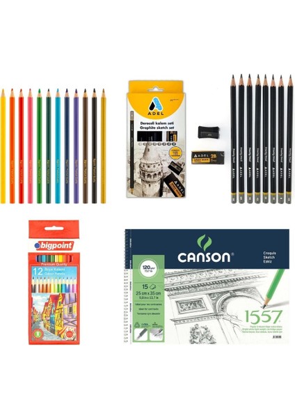 Grafiti Dereceli Çizim Eskiz Kalem Seti 8'li - Renkli Kuru Boya ve Canson 25X35 Defter