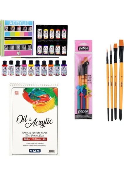 Mona Lisa 10 Renk Akrilik Boya Seti + Vox 300GR A5 Defter + Pebeo 4'lü Fırça Seti