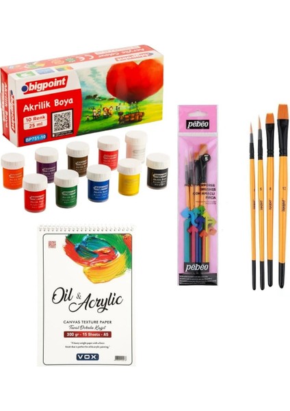 Akrilik Boya 10 Renk x 25 ml + Vox 300GR A5 Defter + Pebeo 4'lü Fırça Seti