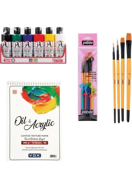 Mona Lisa Akrilik Boya Seti 70ML 6 Renk + Vox 300GR A5 Defter + Pebeo 4'lü Fırça Seti
