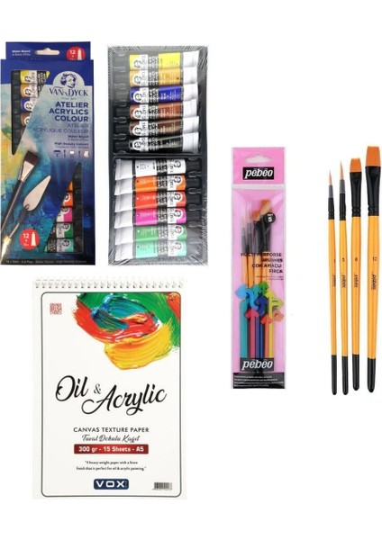 Van Dyck Atelier Akrilik Boya Seti 12ML 12LI + Vox 300GR A5 Defter + Pebeo 4'lü Fırça Seti