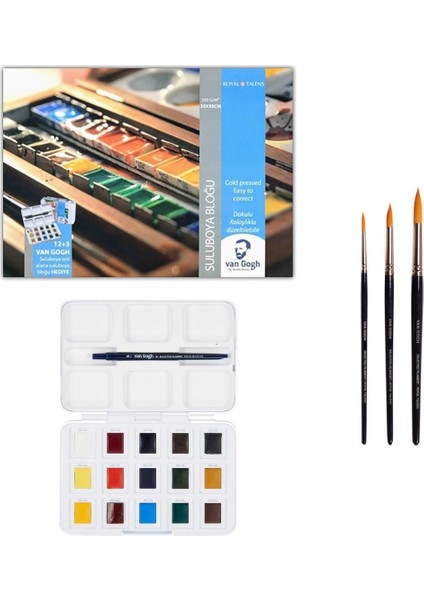 Van Gogh Tablet Sulu Boya (12+3) 15 Renk + Van Gogh Defter + Van Gogh 191 Sulu Boya Fırça Seti