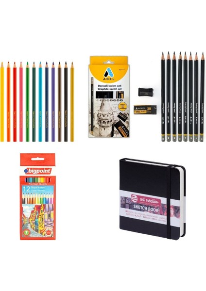 Grafiti Dereceli Çizim Eskiz Kalem Seti 8'li - Renkli Kuru Boya ve Art Creaiton 12X12 Defter