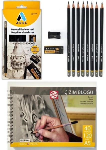 Grafiti Dereceli Çizim Eskiz Kalem Seti 8'li ve Talens A5 Defter
