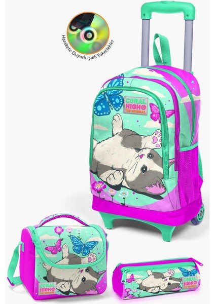 Kids Su Yeşili Pembe Kedi Desenli Çekçekli 3’lü Okul Çanta Seti SET0123907