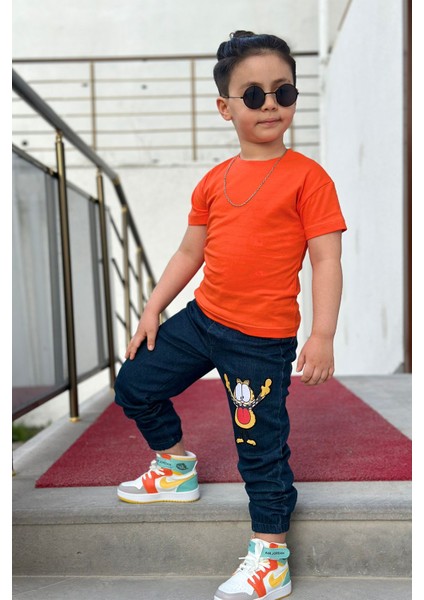 Erkek Çocuk Turuncu Garfield Nakış Detaylı 2'li Kot Takım