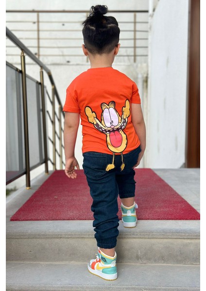 Erkek Çocuk Turuncu Garfield Nakış Detaylı 2'li Kot Takım fiyatları