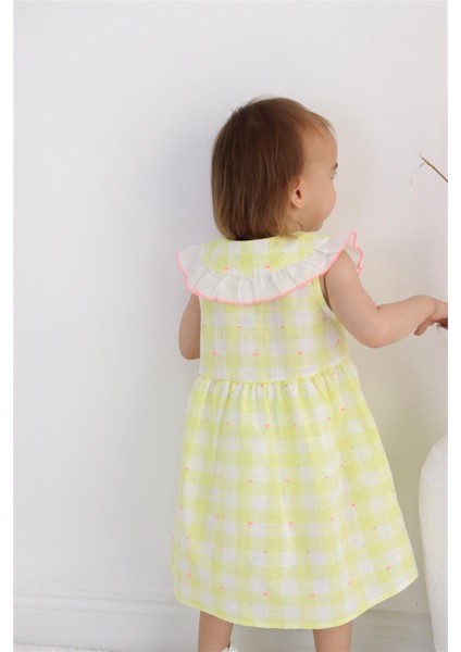 Ekose Desen Yakası Fırfırlı Kız Bebek Elbise Sarı