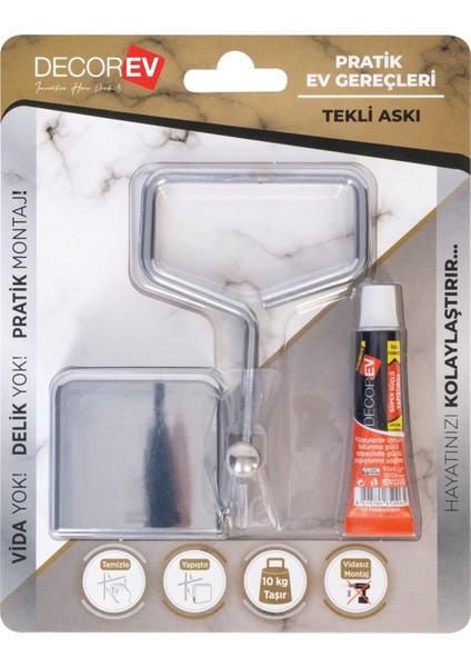 Dekoratif Yapıştırmalı Banyo-Mutfak Metal Tekli Askı Krom DC-4771